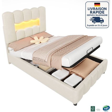 MODFU - Cama infantil con canapé 90×200cm, con LED, tapizada, cabecero regulable en altura, sin colchón, terciopelo, beige (1/5)