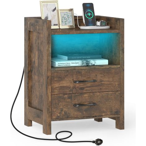 Comodino con illuminazione a LED 45 x 35 x 60 cm con comoda stazione di ricarica stile contemporaneo legno ingegnerizzato marrone rustico 200018586