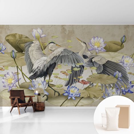 Papier peint intissé avec imprimé pour décoration intérieure pour rénovation a motif - Colle incluse gratuite Oiseaux et lys 416x254 cm (1/5)
