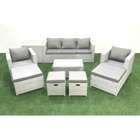 Fimous 9 Stücke Rattan Gartenmöbel Set Garten Sofa Stuhl Couchtisch Set mit Beistelltisch 4 Hockern Hellgrau gemischt (1/5)