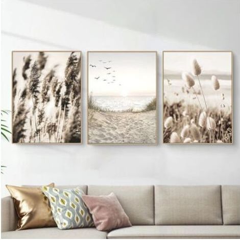 Set de 3 tableaux décoration murale 30x42cm – Papier épais beige plage – Prêts à suspendre pour salon, chambre, bureau (1/5)