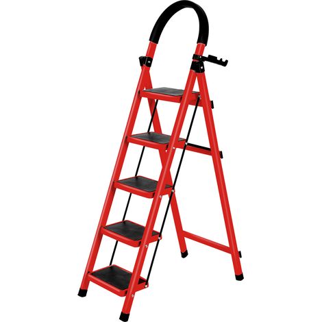 Klappbarer Leiterhocker, Tritthocker, 5-stufiger Sicherheits-Klappleiterhocker, Karbonstahl, 152 x 87 x 39 cm, Rot (1/5)