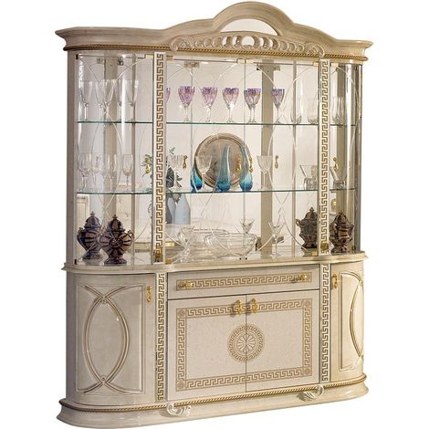 Les Tendances – Vitrine 8 portes 1 tiroir en bois vernis laqué brillant beige et doré – Dimensions L 163 x H 217 x P 45 cm – 4 portes vitrées en cristal (1/2)