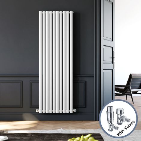 ELEGANT 1800 x 590 mm White Vertical Column Radiator Double Oval Panel Designer Bathroom Radiator + Chrome Thermostatic Radiator Valves (1/5)
