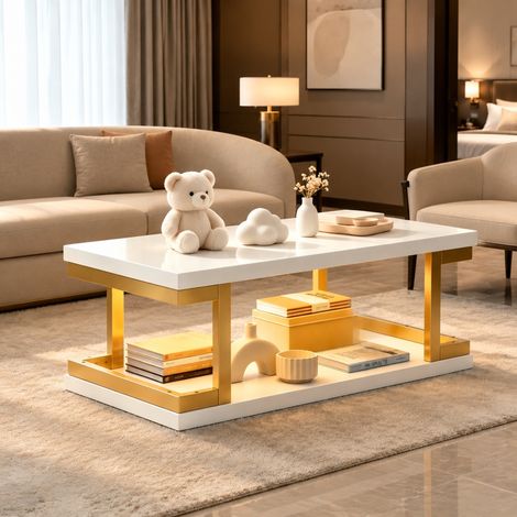 Rechteckiger Couchtisch mit LED 100 x 50 x 37,5 cm Weiß und Gold OKWISH (1/5)