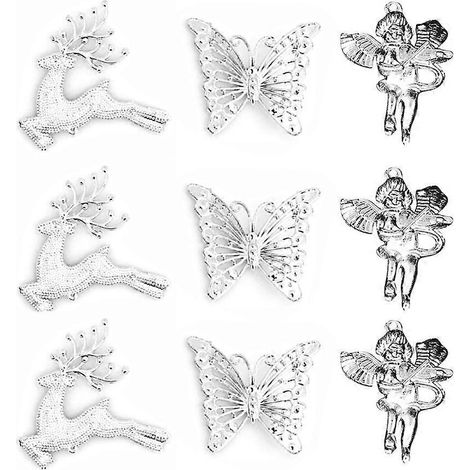 18 ornements suspendus en forme d'ange et de cerf pour sapin de Noël, accessoire décoratif pour les fêtes (6 anges argentés, 6 cerfs argentés, 6 papillons argentés)-Silver