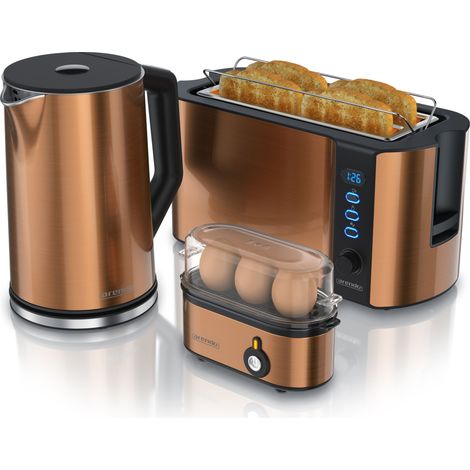 Arendo 3-teiliges Frühstücks-Set, 4 Scheiben Langschlitztoaster, Wasserkocher 1,5l, 3er Eierkocher, Kupfer (1/5)