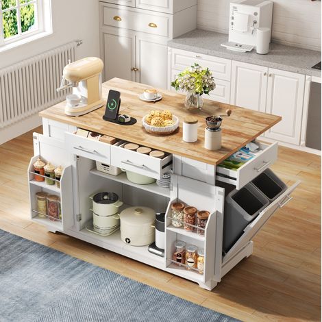 Isla de cocina 138x86x92 cm de tableros de madera, blanco/natural, almacenaje en cocina FloraGrace (1/5)