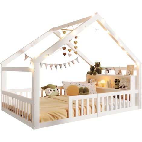Lit cabane enfant 140x190 cm avec barrières et étagères latérales, LED décorative, bois de pin, blanc, sans matelas CHICFURN (1/5)