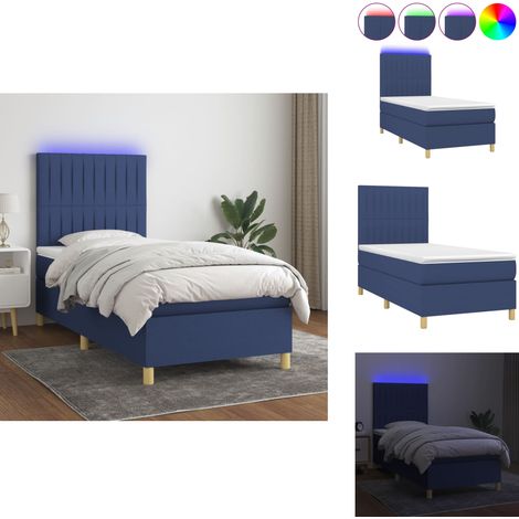 Sommier à lattes de lit et matelas et LED Bleu 90x200 cm Tissu - Sommier Tapissier - Lit Avec Led - Matelas À Ressorts Ensachés - Tête De Lit Réglable - Éclairage LED (1/5)