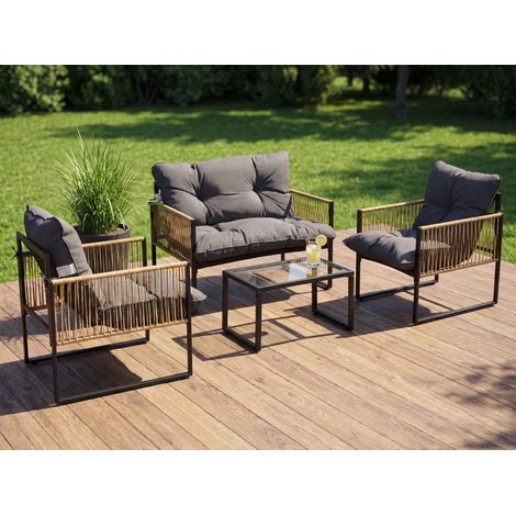 4-teiliges Gartenmöbel-Set – 2-Sitzer-Sofa + 2 Sessel – Couchtisch aus Sicherheitsglas – 3 Kissen – Grau