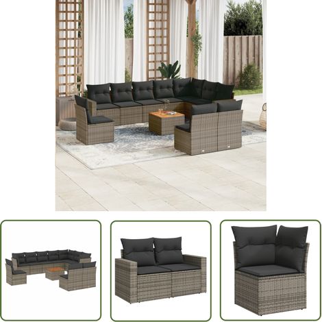 The Living Store 11-tlg. Garten-Sofagarnitur mit Kissen Grau Poly Rattan - Gartenmöbel Set - Lounge Möbel - Rattan Gartenmöbel - Outdoor Möbel - Esstisch Set (1/5)