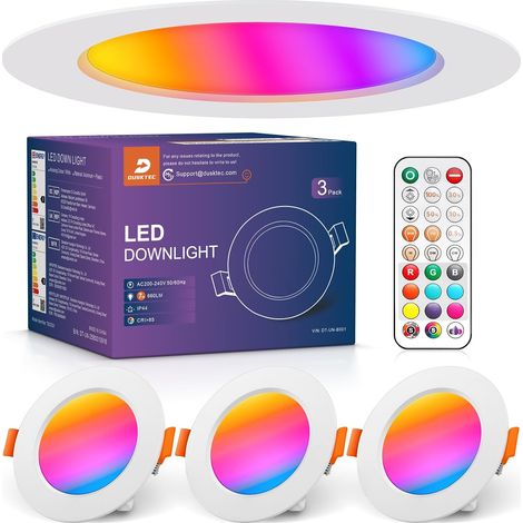 Spot LED Encastrable RGB avec Télécommande, Spots LED de Plafond Lot de 3, Intensité Variable, 7W IP44 Éclairage Encastré Couleur pour Salle de Bain Cuisine Couloir, Trou 68-85mm, AC220-240V (1/5)