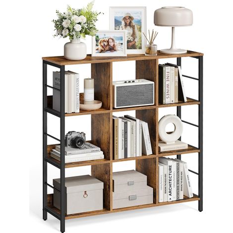 Meuble de Rangement 3 Niveaux, ÉtagÈre Rangement, BibliothÈque Style Industriel, 9 Cubes, pour Salon, Bureau, EntrÉe, Cuisine, 30 x 100 x 103,1 cm, Marron Rustique et Noir (1/5)