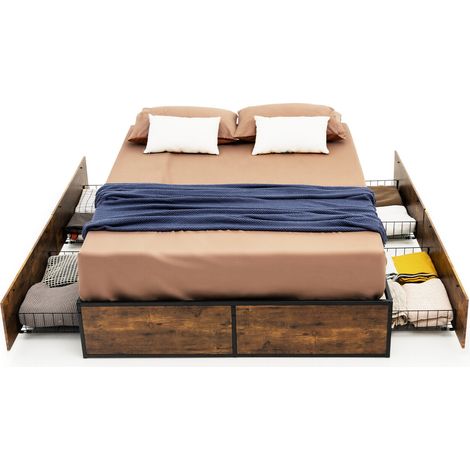 COSTWAY Double Metal Bed Frame with 4 Underbed Storage Drawers Rustic Brown