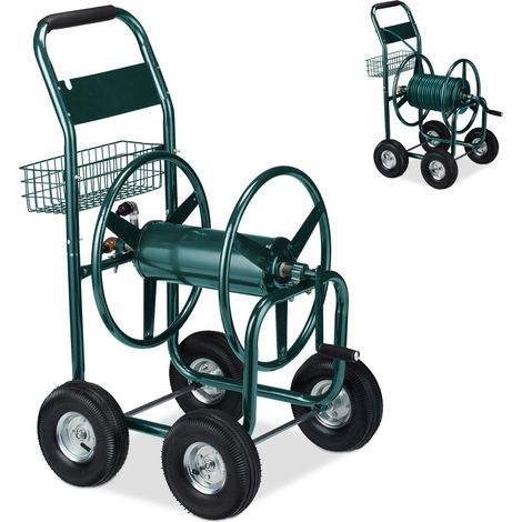 Relaxdays Carro Portamangueras, hasta 90 m, Acoplamiento por Clic, 4 Neumáticos, Cesta, Soporte Mangueras Metal, Verde