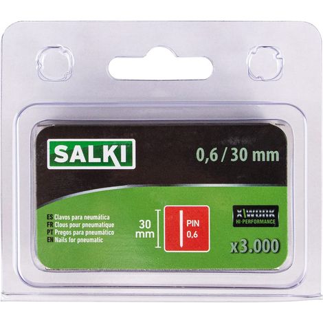 Salki - Chiodi pin 0,6 per corpo – Blister da 3000 unità, chiodi senza testa da 30 mm di lunghezza per graffatura pneumatica, compatibili con chiodi pneumatici. (1/4)