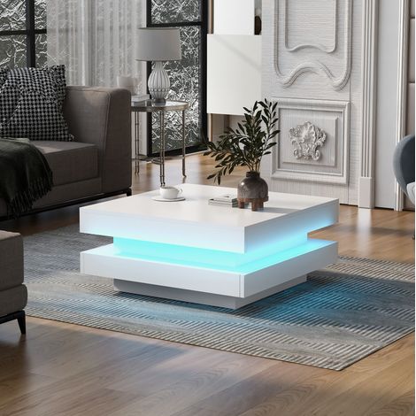 Quadratischer Couchtisch 70x70x36 cm, weiß – mehrfarbiges LED-Bluetooth (1/5)