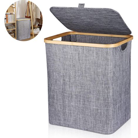 Wäschekorb, 60 l, faltbarer Wäschekorb, Bambus-Wäschekorb, Wäschebox mit Deckel und Griff, rechteckiger Schmutzwäschekorb für schmutzige Kleidung, 40 x 33 x 45 cm, dunkelgrau