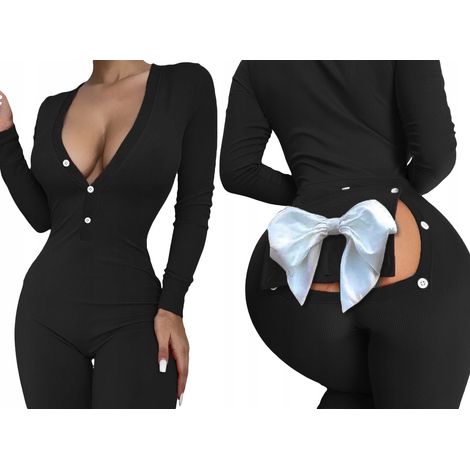 Damenpyjama, Valentinstagsgeschenk für Sie, mit Schleife am Kragen, schwarz, Größe L
