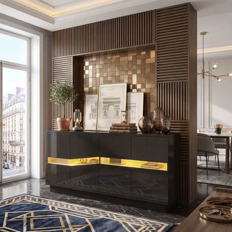 Creahappy Buffet Enfilade 140x35x70 cm Noir Brillant LED - Meuble de Rangement Salon Gain de Place 4 Portes Push-to-Open - Contemporain (1/5)