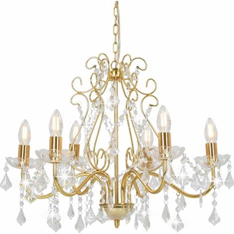 Lustre vidaXL avec perles de cristal dorées rondes 6 x E14 (1/5)