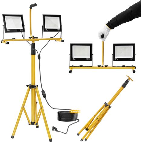 2×100W Projecteur LED sur Trépieds 15,000LM, Lampe de Chantier Travail avec Support Réglable Hauteur 160cm, Lumière de Chantier Étanche IP66, avec Câble 3M, pour Garage, Atelier, Camping (1/5)
