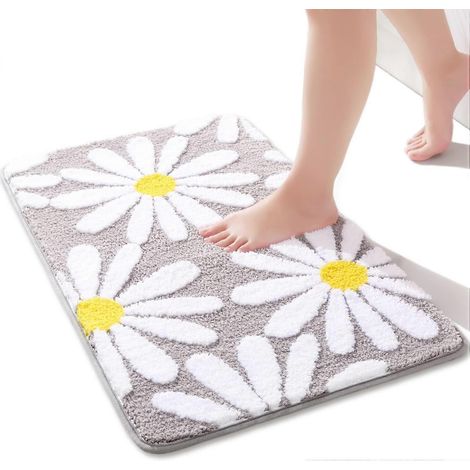 tapis de bain (40 x 60 cm) gris à motifs de marguerites, antidérapant, lavable, doux et absorbant. (1/5)