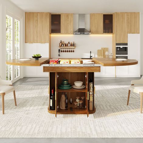 Table extensible ronde en noyer, table à manger cuisine pour 6 personnes, diamètre 118-158 cm, convertible en ovale, meuble avec portes vitrées (1/5)