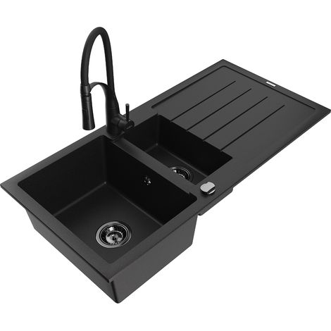 Mexen Andres 1,5-Kammer-Granitatensbecken mit Abtropffläche und Küchenarmatur Aster, schwarz - 6515-77-73450-70-B (1/5)
