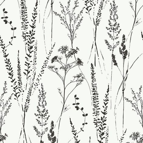 Grandeco Attitude Floral Grass Wallpaper White Black Textured Paste The Wall (1/4)