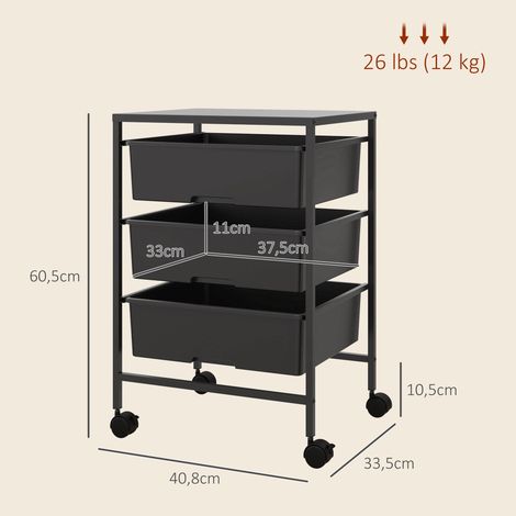 Beistellwagen mit Rädern, 3 Körbe für Transport und Aufbewahrung, Küchenwagen, 40,8L x 33,5B x 60,5H cm, Schwarz (1/5)