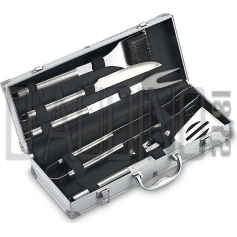 Sandrigarden 78935-15 Set Utensili per Barbecue 6 Pezzi Acciaio Inox Manici in Legno con Valigetta in Alluminio (1/3)