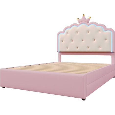 Kinderbett 140 x 200 cm mit Lattenrost, LED, Ausziehbett und 2 Schubladen, PU Rosa (1/5)