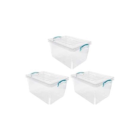 JVL Plastic Clip Lidded Storage Box, Stackable & Nestable, Clear, Set of 3, 30L (1/5)
