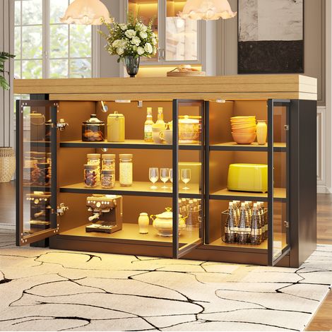 Kücheninsel (120 bis 197 x 40 x 72 cm), drehbarer ausziehbarer Esstisch, Seitenschrank mit Lichtsystem, MDF Glas, Schwarz (1/5)