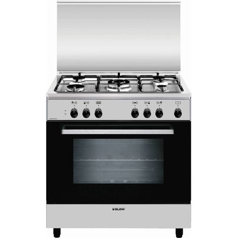Glemgas – Cuisinière gaz 5 foyers – Four électrique 95L – Acier inoxydable noir – Commande rotative – Classe A (1/5)