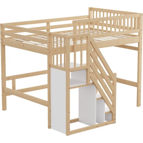 Kinder-Hochbett 140x200 mit Stauraumtreppe und hohem Geländer aus Naturholz MODENUIT (1/5)