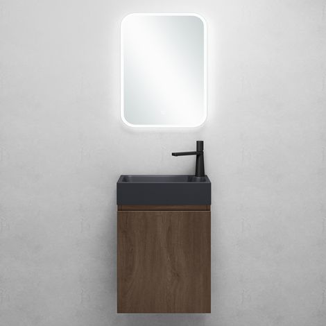 Mai & Mai Ensemble de Meuble de Salle de Bain Meuble sous Lavabo Suspendu Chêne 46x26x63cm avec Vasque Anthracite Mat et Miroir LED PS02 (1/5)