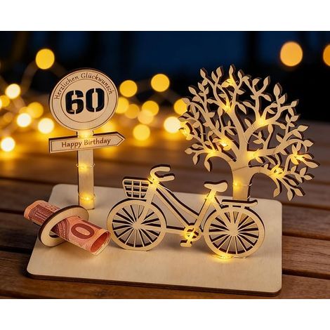 Regalo di compleanno in legno per i 60 anni con bicicletta a LED e albero della vita (1/4)