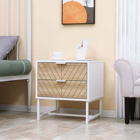 Table de chevet à 2 tiroirs et pieds en acier, idéale pour le salon ou la chambre, 45 x 39 x 48 cm, blanc et chêne. (1/5)