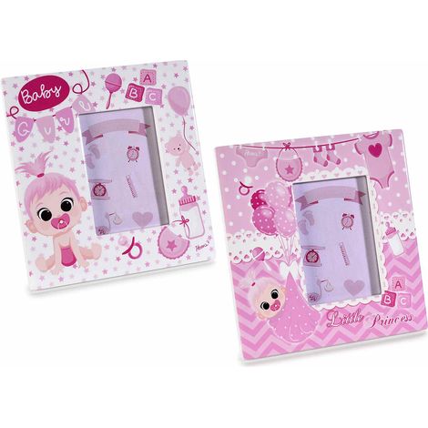 Portafoto nascita bimba in ceramica lucida rosa. Card scrivibile fai da te, set da 6 pezzi, cm 12 x 12,5 H