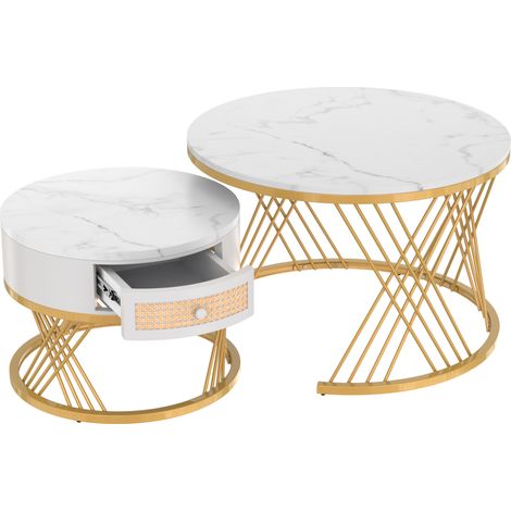 Set 2 tavolini rotondi da salotto in MDF bianco effetto marmo con cassetto, oro (1/5)