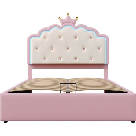 Lit princesse 140 x 200 cm avec sommier, LED, rangement hydraulique, PU rose (1/5)