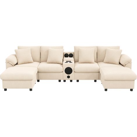 Canapé modulable en velours côtelé Beige avec enceintes Bluetooth, console multifonctionnelle et rangement, 4-6 places (1/5)