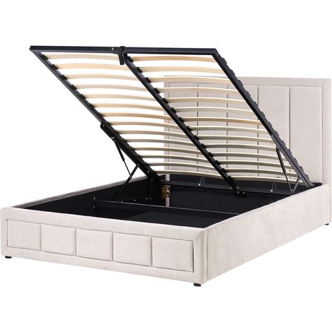 Cama con almacenaje minimalista cabecero tapizado de chenilla base elevable somier de láminas diseño acolchado gris pardo 140 x 200 cm Quiberon (1/5)