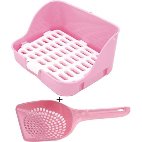 Bac à litière d'angle pour l'apprentissage de la propreté, avec grille, pour lapins, cobayes adultes, furets et rats, bleu/rose (1/5)