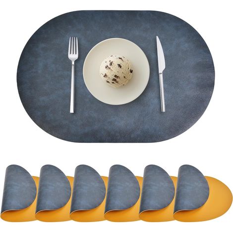 Lot de 6 sets de table ovales en similicuir pour table de salle à manger, sets de table double face, résistants à la chaleur, lavables et faciles à nettoyer, pour intérieur et extérieur, bleu/jaune'Pa