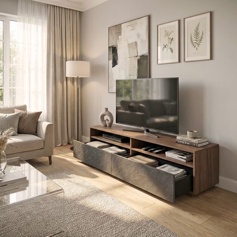 Meuble TV 160 cm LEONARDO 2 tiroirs 2 niches / Décor noyer et ardoise/ 160x45x43