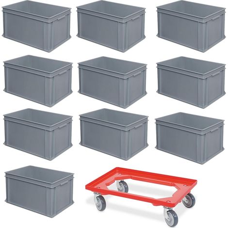BRB 10er SPAR-Set Euro-Behälter PLUS Transportroller, 600x400x320 mm, Griffleisten, Industriequalität lebensmittelecht grau